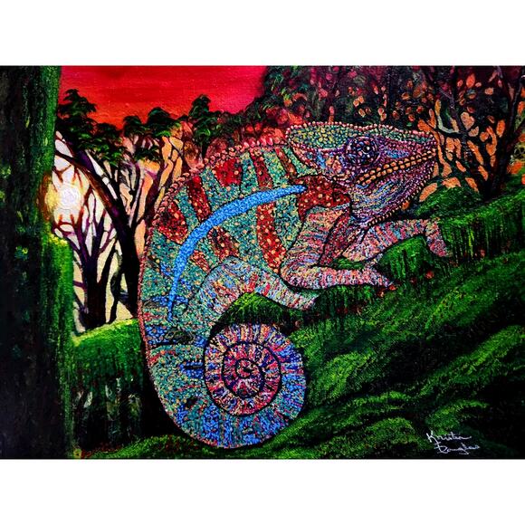 Art Print my Original Work 11" x 14" "Panther Chameleon at Sunset" Acid Free - Picture 1 of 1